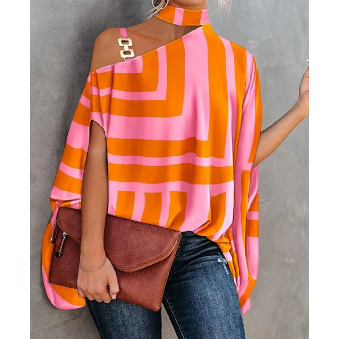 VANJA | ONE SHOULDER PRINT TUNIC TOP - Orange and Pink Stripe