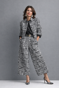 VARINIA | CROPPED JACKET WIDE LEG PANTS SET - Black and White