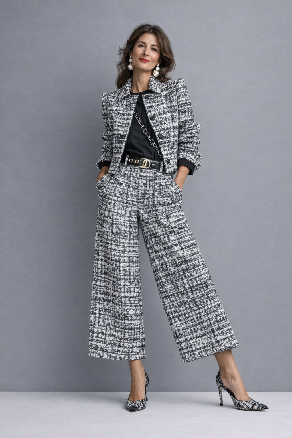VARINIA | CROPPED JACKET WIDE LEG PANTS SET - Black and White