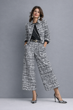 VARINIA | CROPPED JACKET WIDE LEG PANTS SET - Black and White