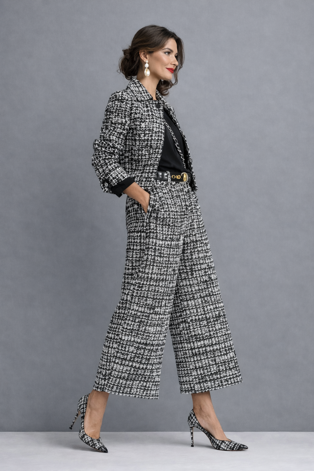 VARINIA | CROPPED JACKET WIDE LEG PANTS SET - Black and White