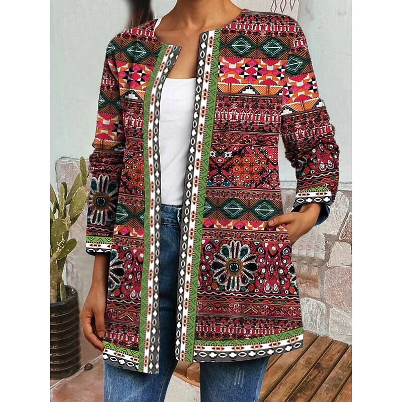 VASHTI | PATTERNED OPEN-FRONT JACKET - Red Geometric Print