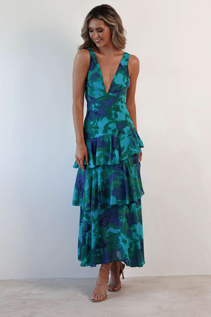 Teal and navy floral ruffle midi dress with tiered layered skirt