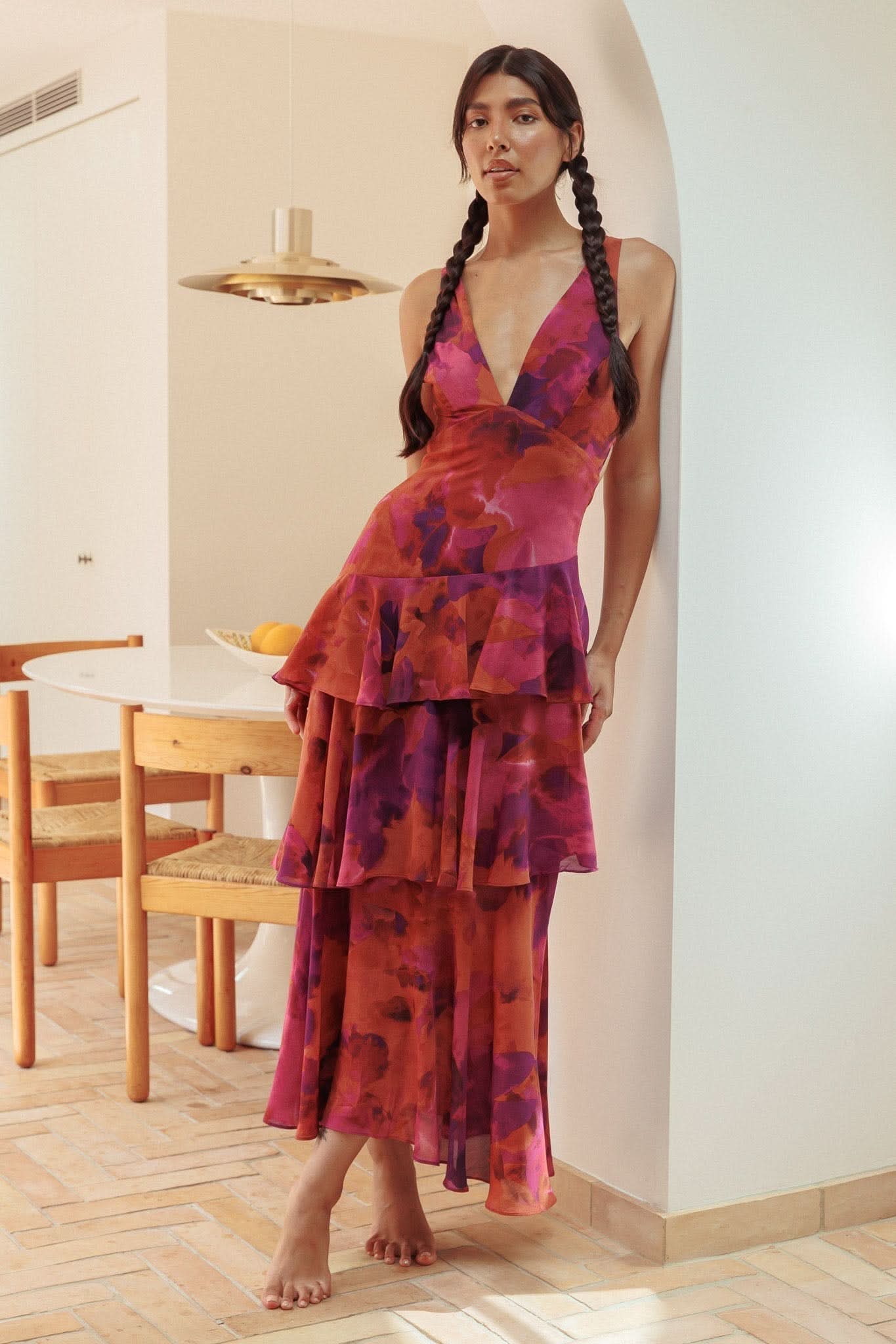 Red and purple tie-dye ruffle midi dress with deep V-neck and tiered ruffled layers