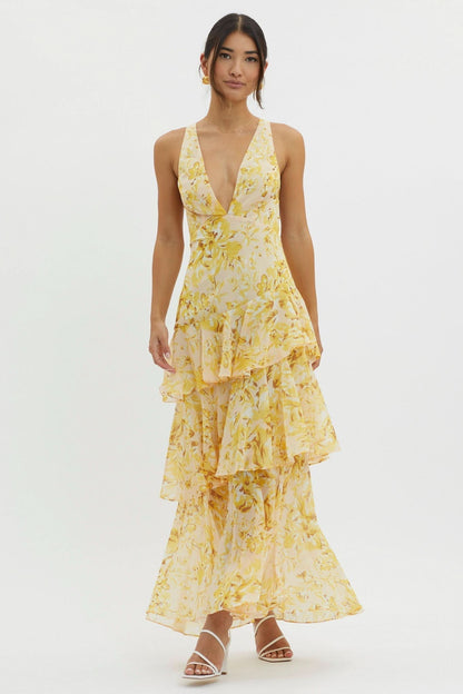 Yellow floral ruffle midi dress with tiered skirt and deep V-neckline