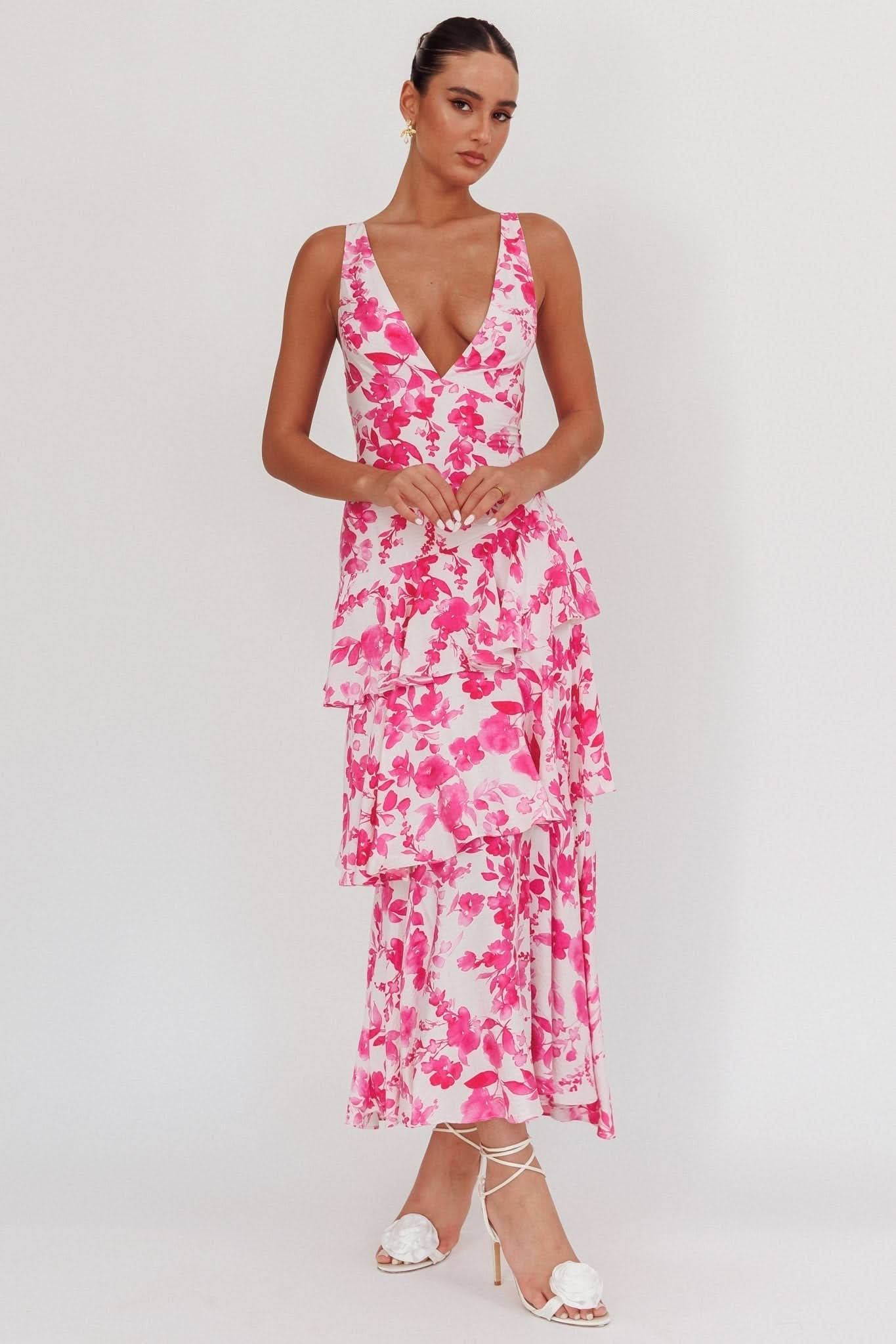 pink and white floral ruffle midi dress with tiered layers