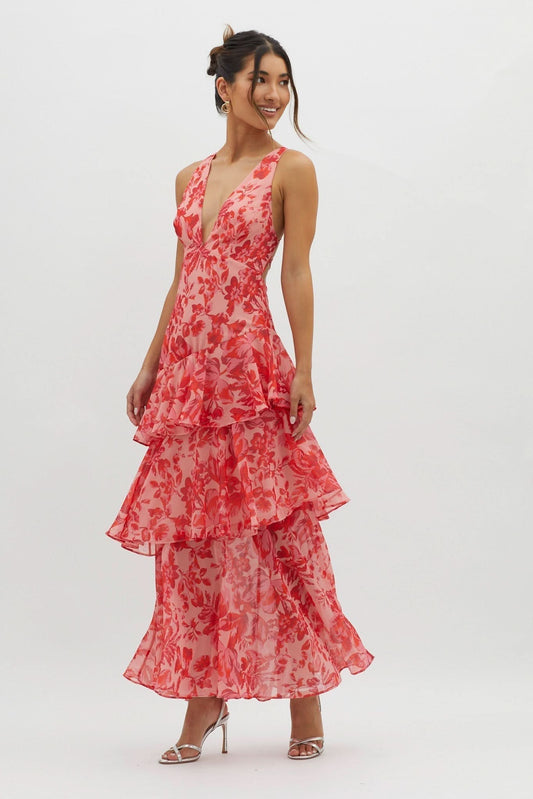 Coral red floral ruffle midi dress with tiered layers and deep V-neckline