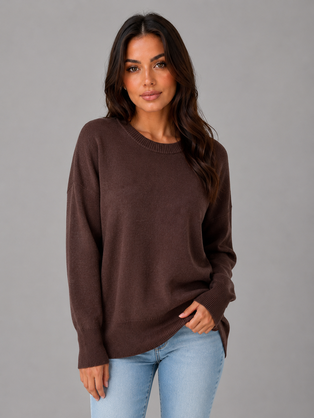 VEGA | OVERSIZED CREW NECK SWEATER - Chocolate Brown