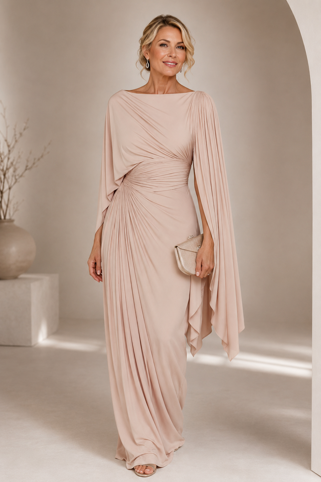 VELISSE | CAPE SLEEVE DRAPED MAXI DRESS - Blush