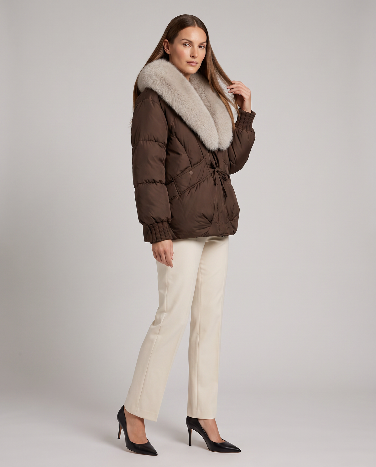 VELMA | FAUX FUR COLLAR PUFFER JACKET - Brown