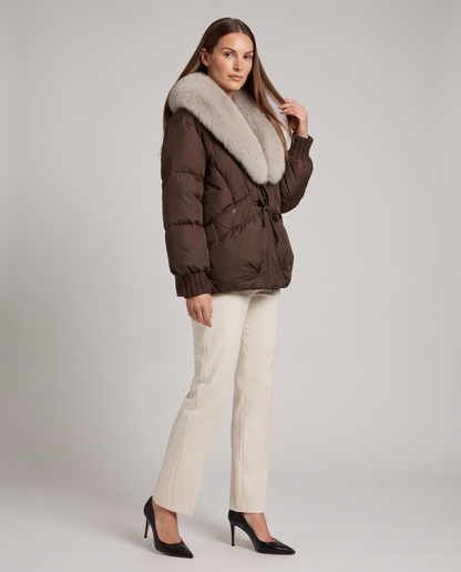 VELMA | FAUX FUR COLLAR PUFFER JACKET - Brown