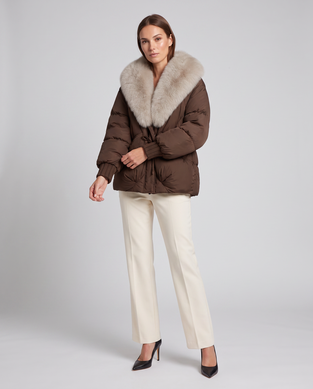 VELMA | FAUX FUR COLLAR PUFFER JACKET - Brown