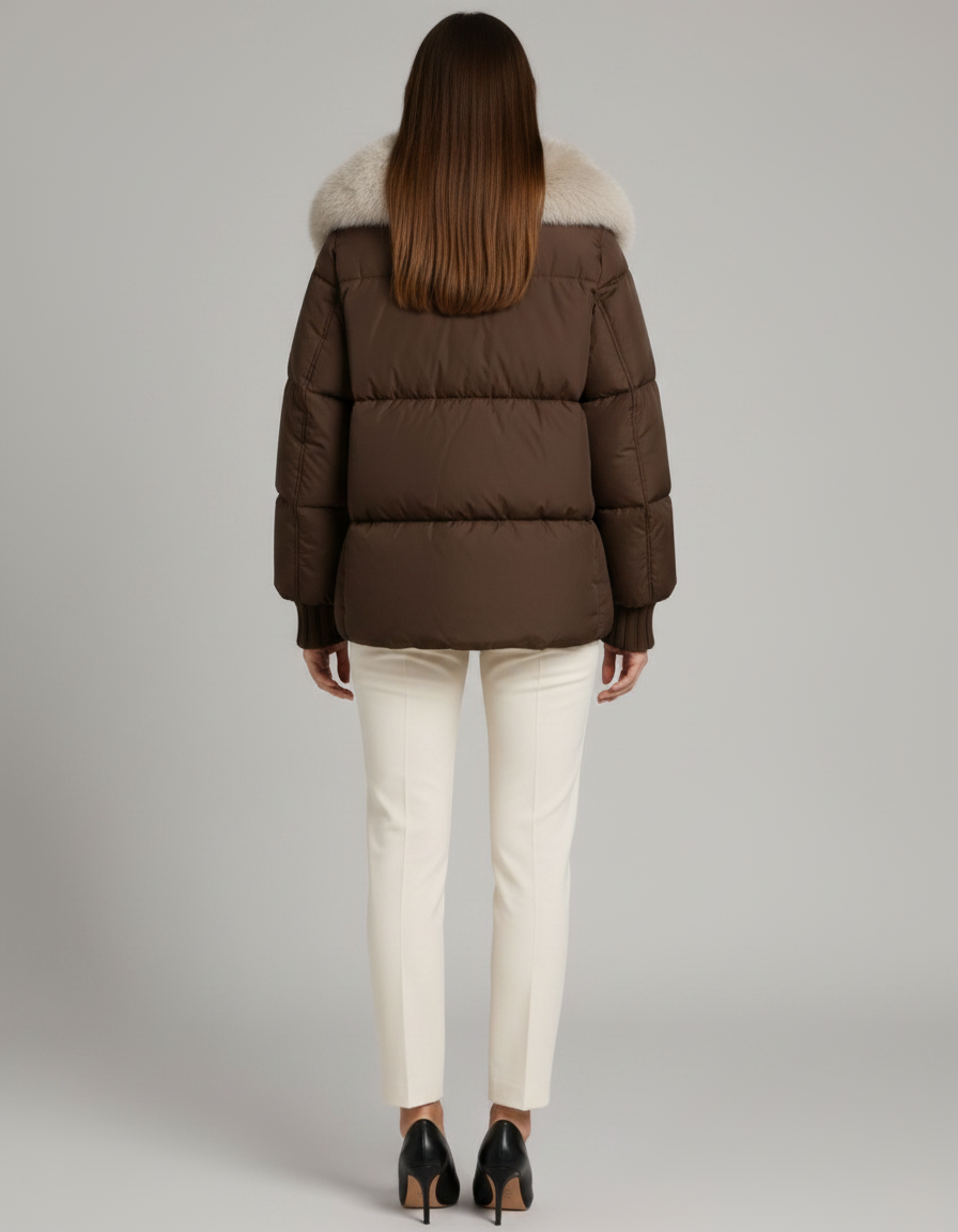VELMA | FAUX FUR COLLAR PUFFER JACKET - Brown