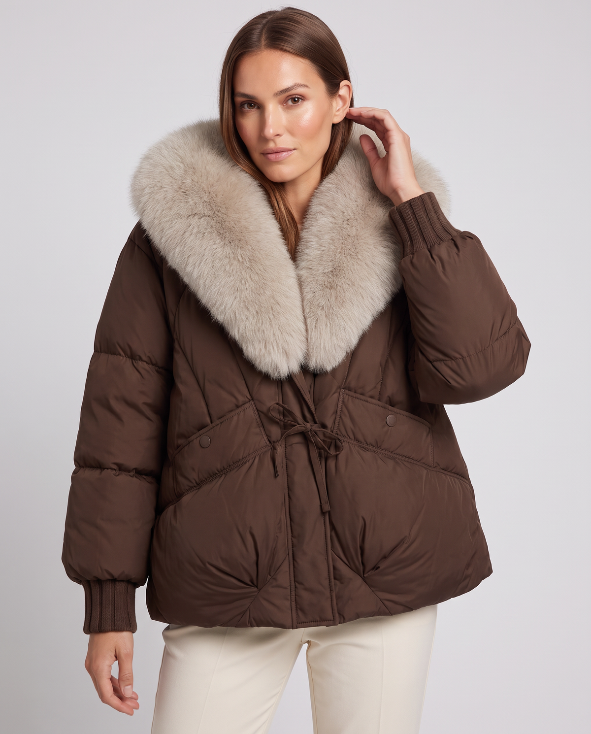 VELMA | FAUX FUR COLLAR PUFFER JACKET - Brown