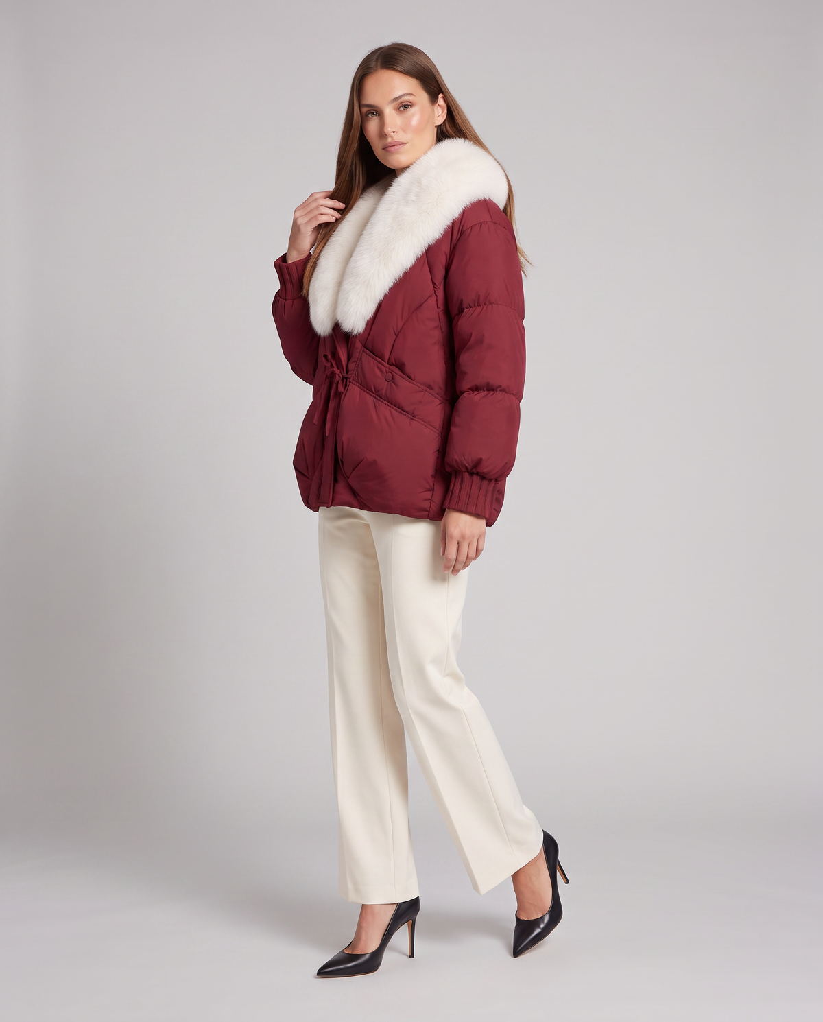VELMA | FAUX FUR COLLAR PUFFER JACKET - Burgundy