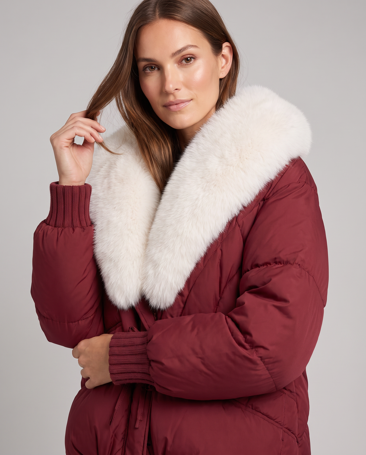VELMA | FAUX FUR COLLAR PUFFER JACKET - Burgundy