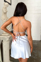 VENLA | COWL NECK SATIN MINI DRESS - Pale Blue