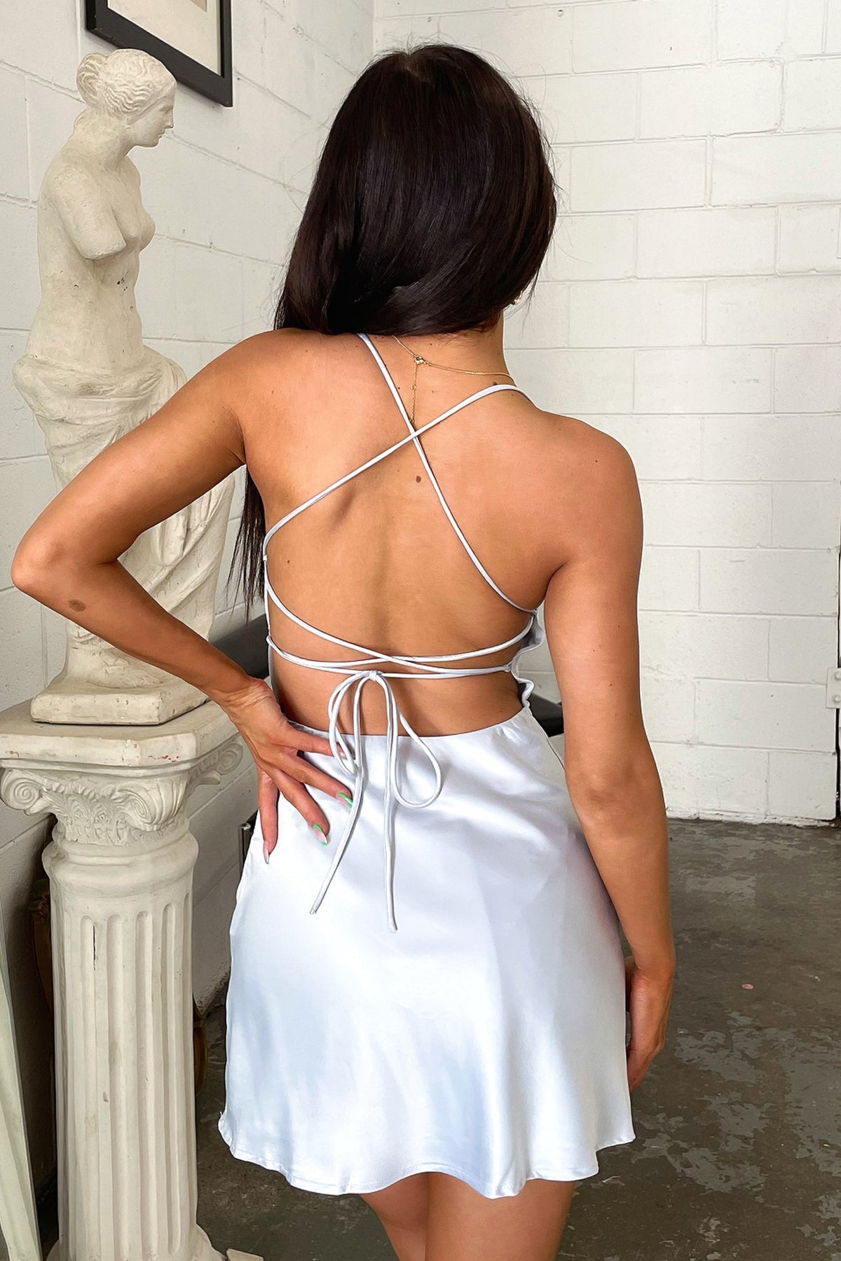 VENLA | COWL NECK SATIN MINI DRESS - Pale Blue
