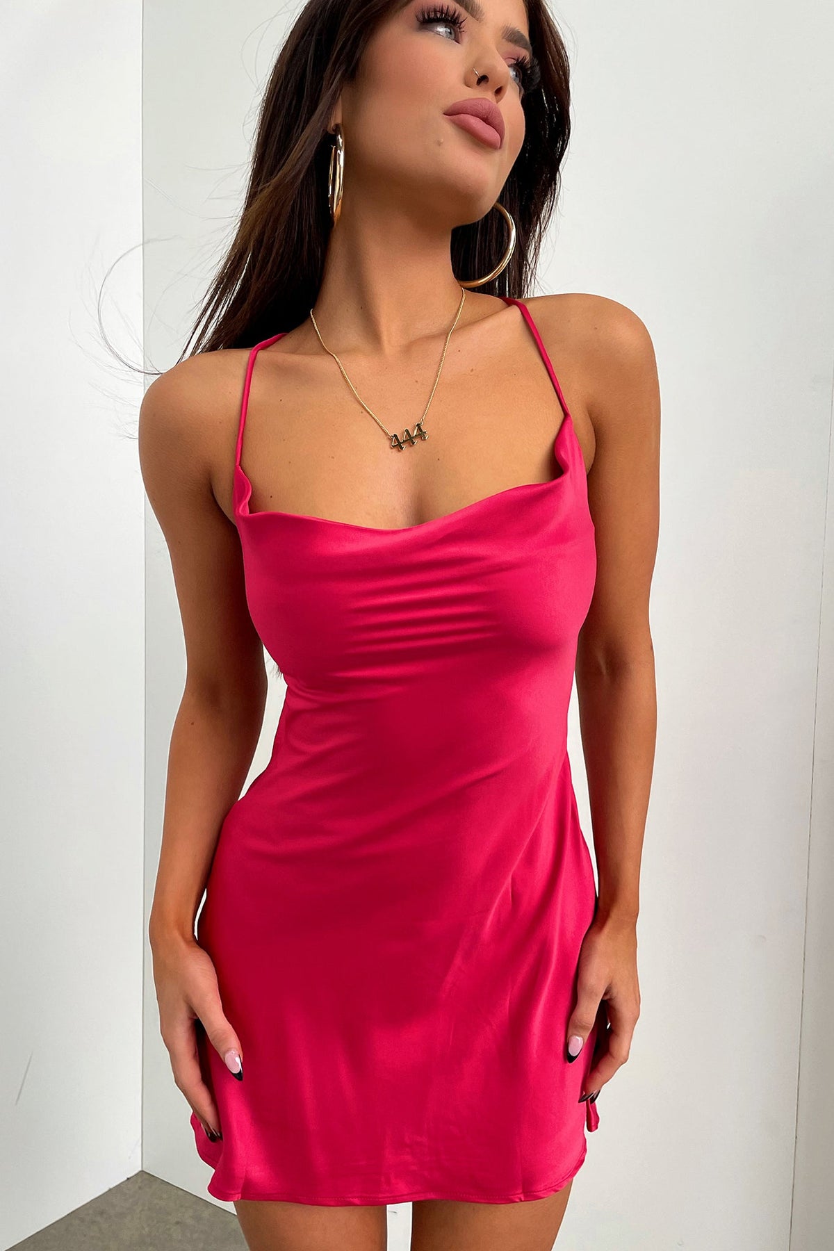 VENLA | COWL NECK SATIN MINI DRESS - Raspberry