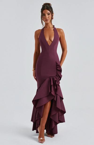 Burgundy halter maxi dress with layered ruffle skirt and plunging V-neck design