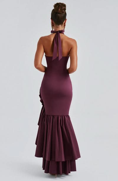 Burgundy halter maxi dress with tiered ruffled mermaid hem and open back