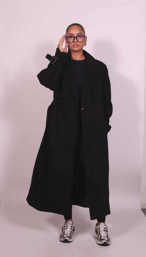 VESTA | OVERSIZED BELTED LONGLINE TRENCH COAT - Black