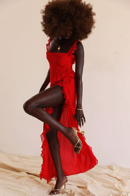 Red ruffled maxi dress with square neckline and cascading ruffle layers