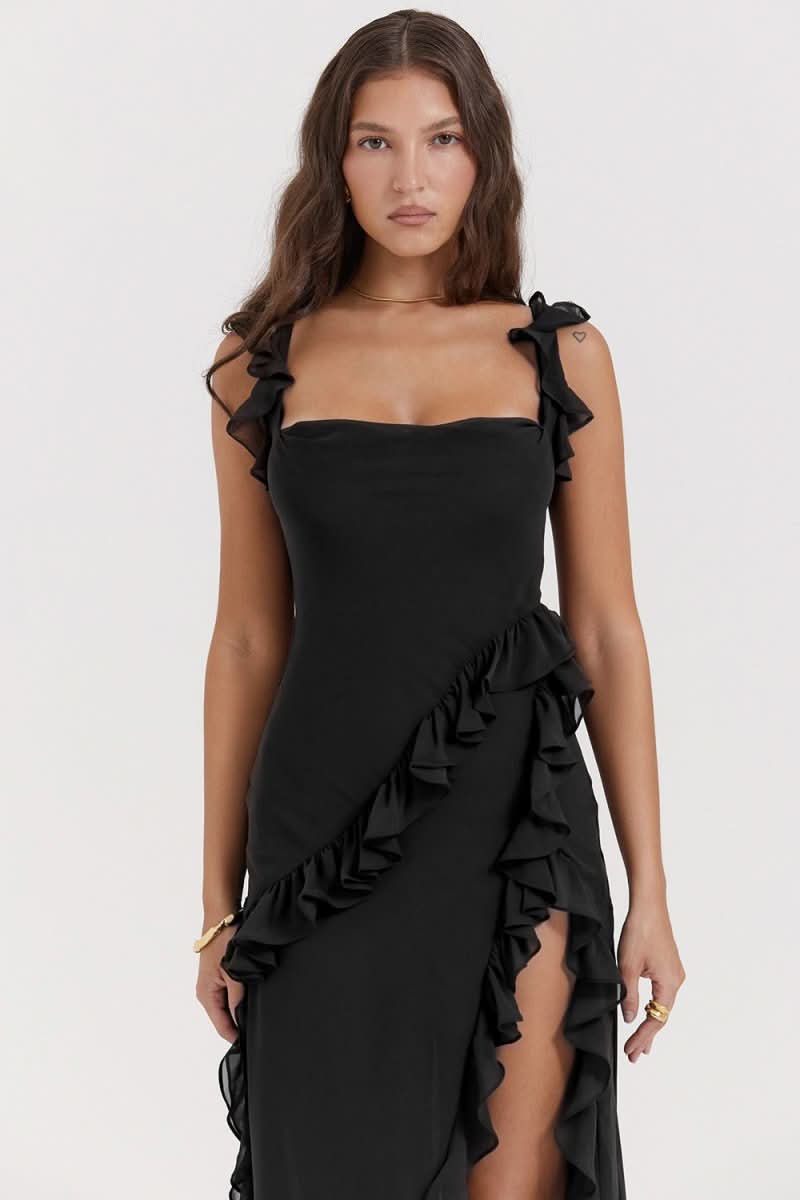 Off-shoulder black maxi dress with ruffled trim and high slit