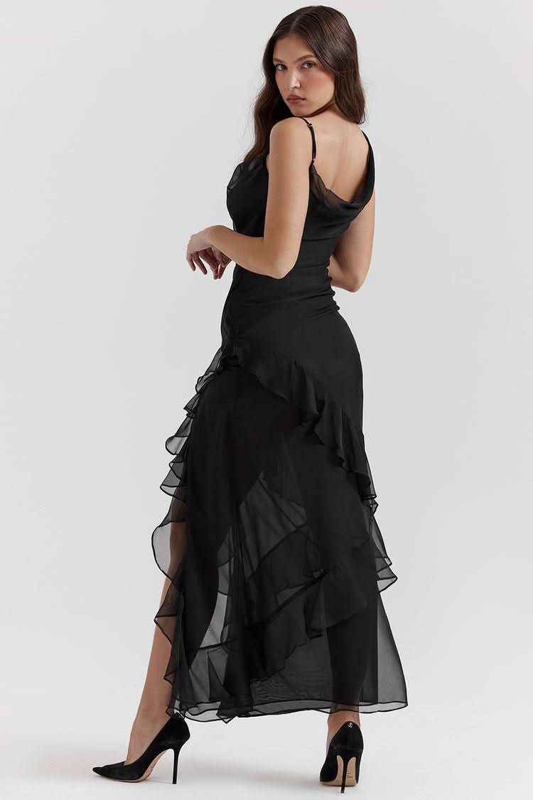 Back view of black ruffled maxi dress with open back design