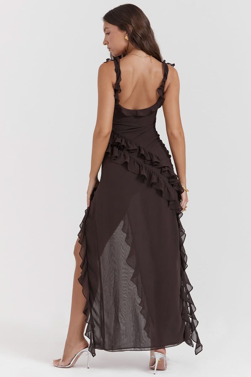 Back view of brown ruffled maxi dress with ruffle strap detail