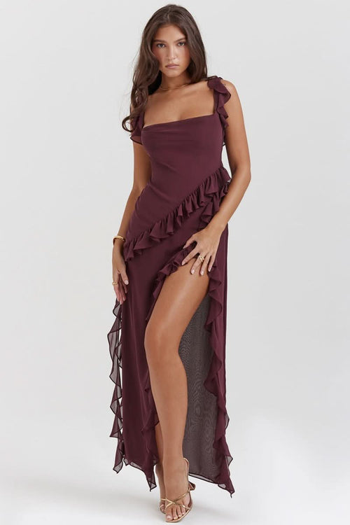 Burgundy ruffled maxi dress with square neckline and asymmetrical hem