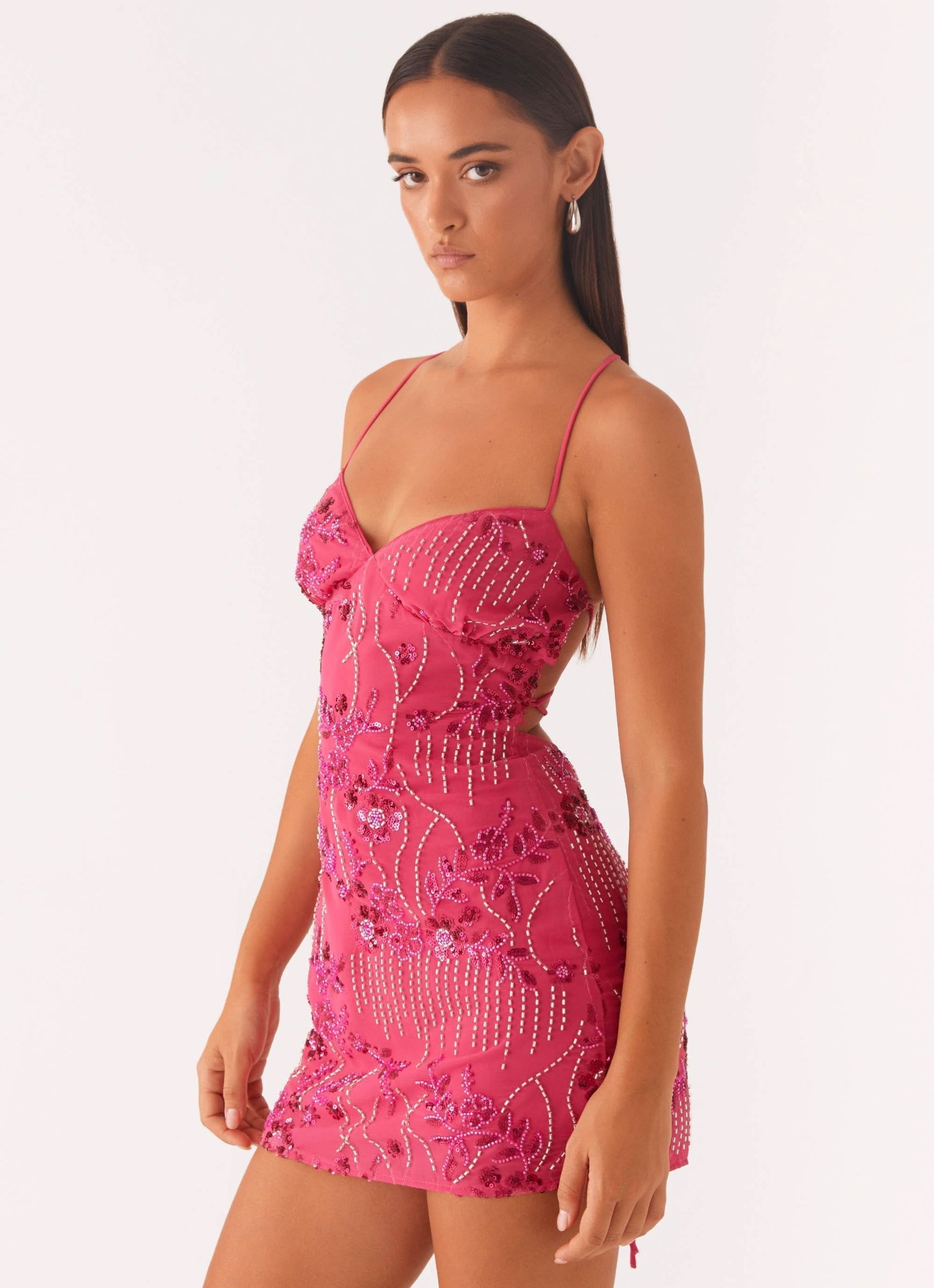 pink beaded mini dress with sweetheart bust and side slit