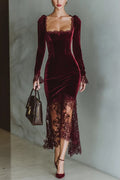 VILMA | VELVET LACE SQUARE NECK MAXI DRESS - Burgundy