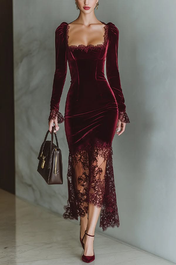 VILMA | VELVET LACE SQUARE NECK MAXI DRESS - Burgundy