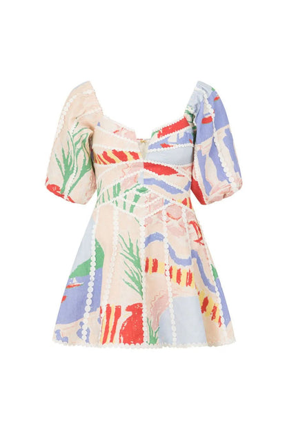 Front flat lay of mini dress with puff sleeves and multicolor botanical print