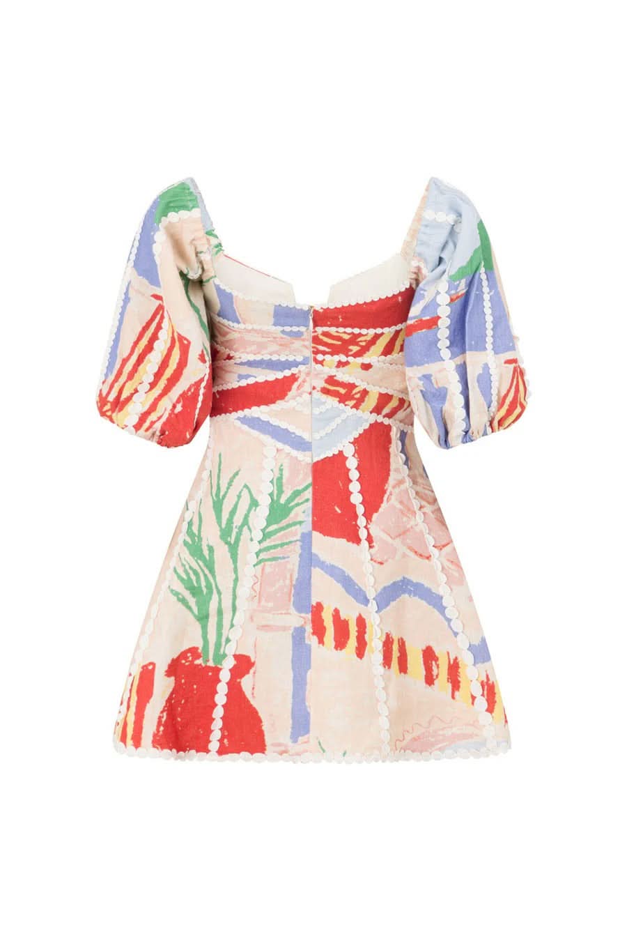 Back flat lay of mini dress displaying corset waist and white scalloped hem trim