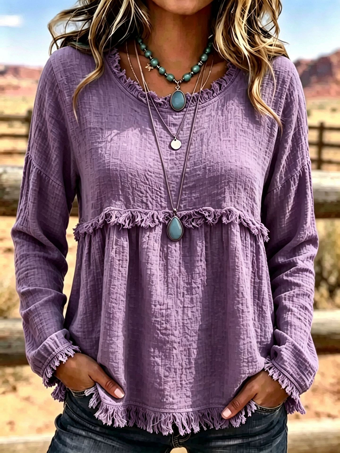 VIVEKA | FRINGE TRIM BABYDOLL TOP - Dusty Purple