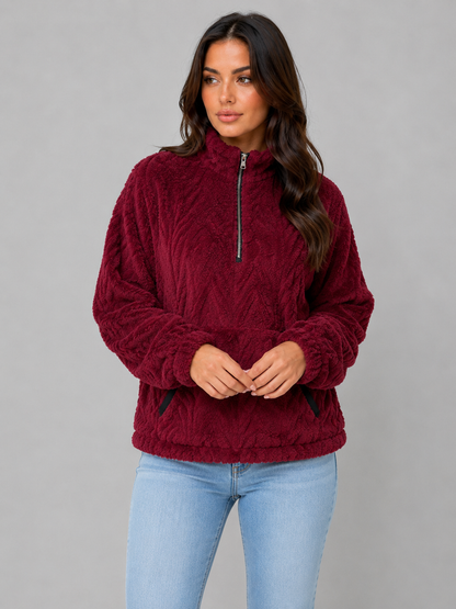 VIVICA | HIGH NECK PLUSH HALF-ZIP PULLOVER - Burgundy