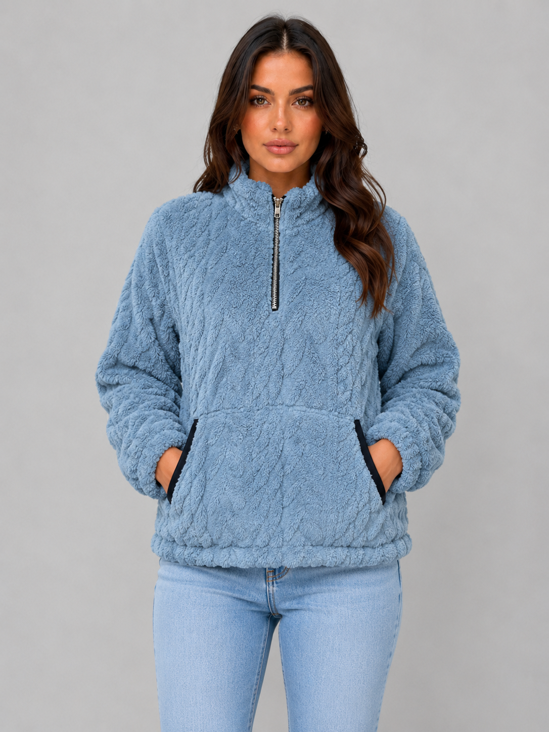 VIVICA | HIGH NECK PLUSH HALF-ZIP PULLOVER - Dusty Blue