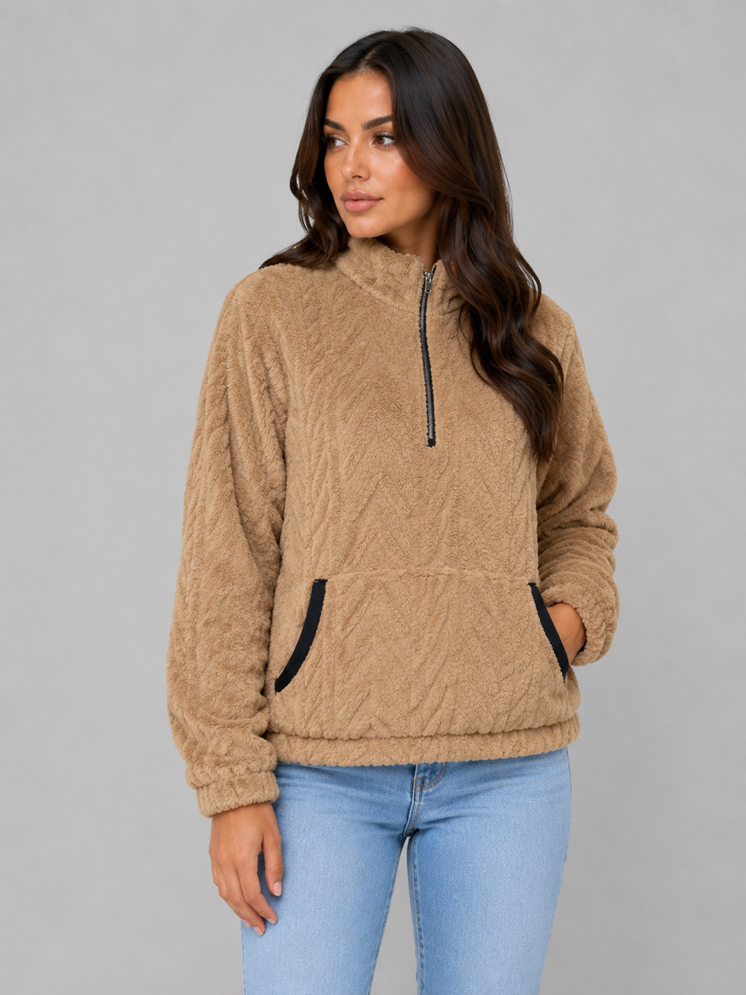 VIVICA | HIGH NECK PLUSH HALF-ZIP PULLOVER - Khaki