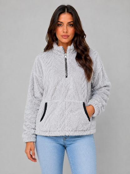 VIVICA | HIGH NECK PLUSH HALF-ZIP PULLOVER - Light Gray