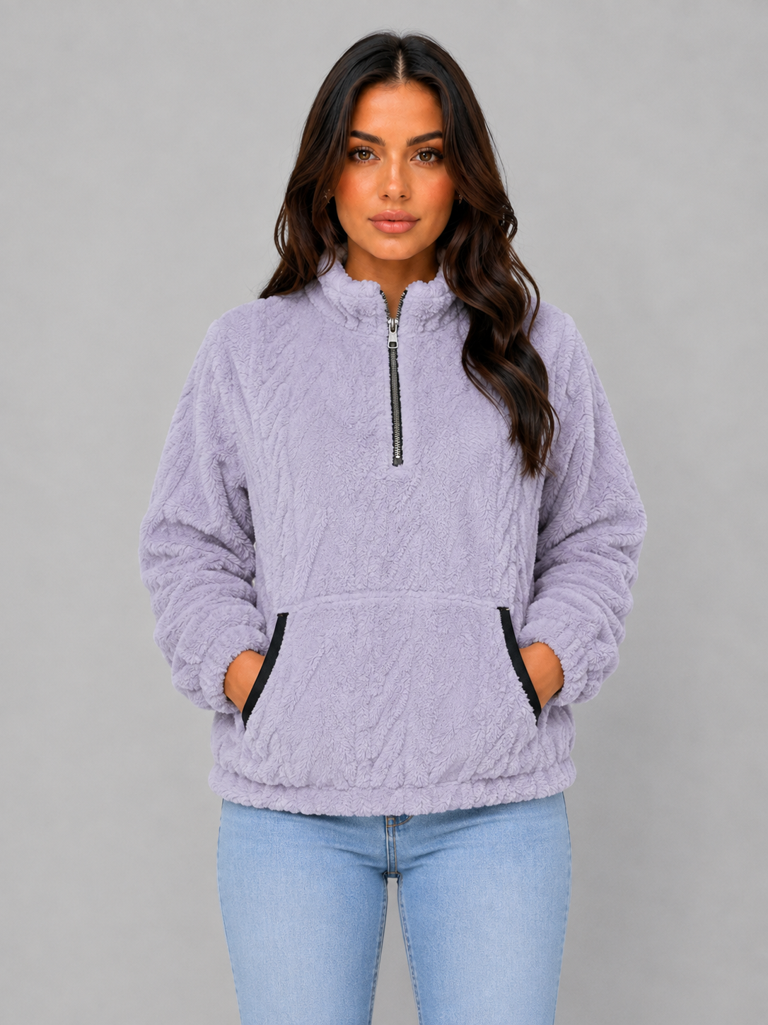 VIVICA | HIGH NECK PLUSH HALF-ZIP PULLOVER - Lilac
