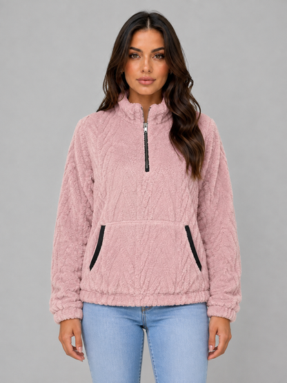 VIVICA | HIGH NECK PLUSH HALF-ZIP PULLOVER - Pink