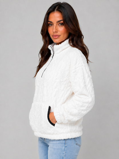 VIVICA | HIGH NECK PLUSH HALF-ZIP PULLOVER - White
