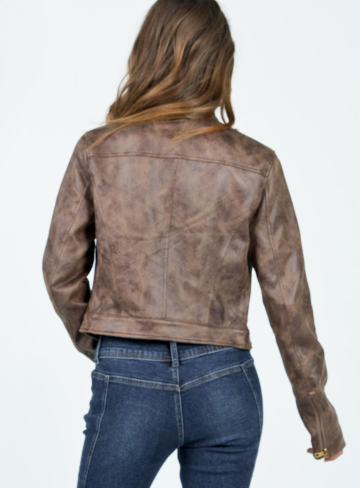 VOLETA | DISTRESSED FITTED MOTO JACKET - Brown
