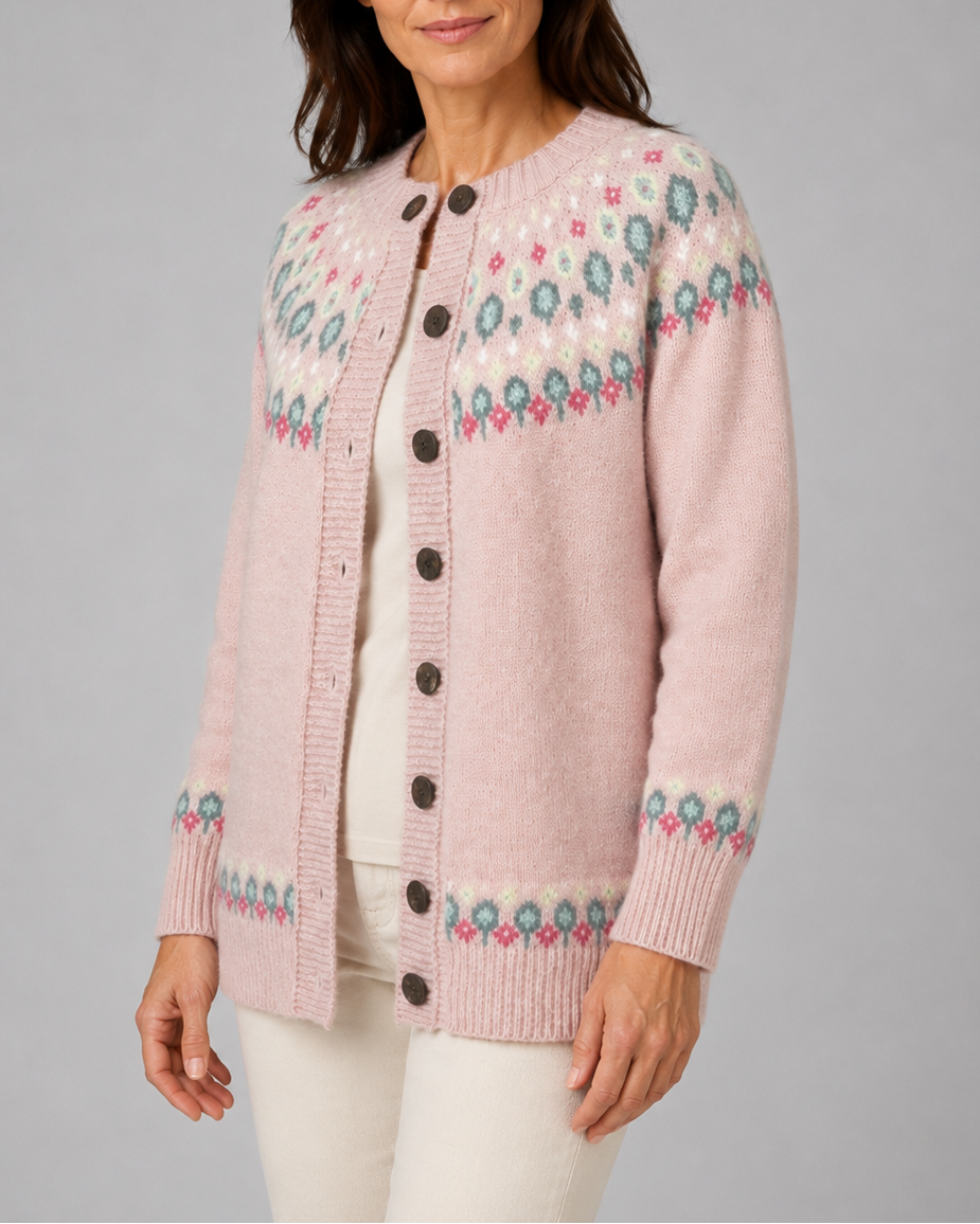 WAIDA | FAIR ISLE YOKE CARDIGAN - Pink