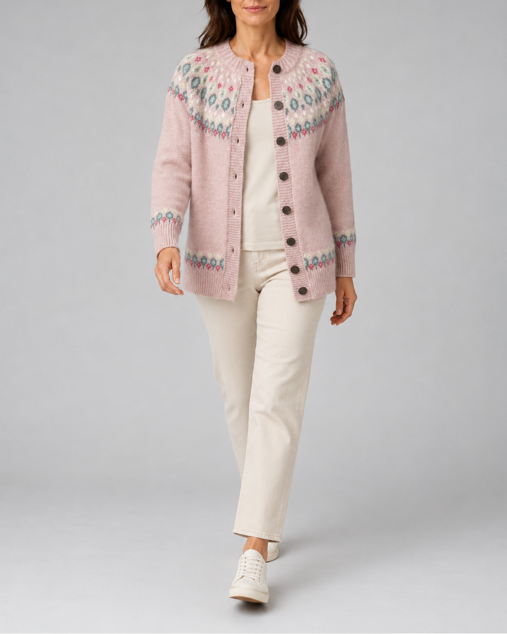 WAIDA | FAIR ISLE YOKE CARDIGAN - Pink