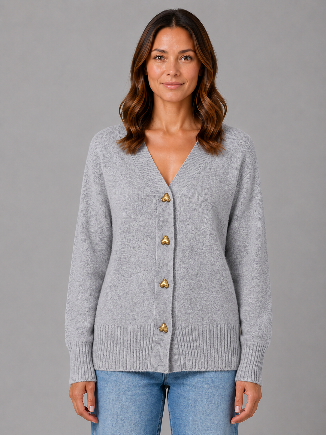 WALDA | HEART BUTTON V-NECK KNIT CARDIGAN - Gray