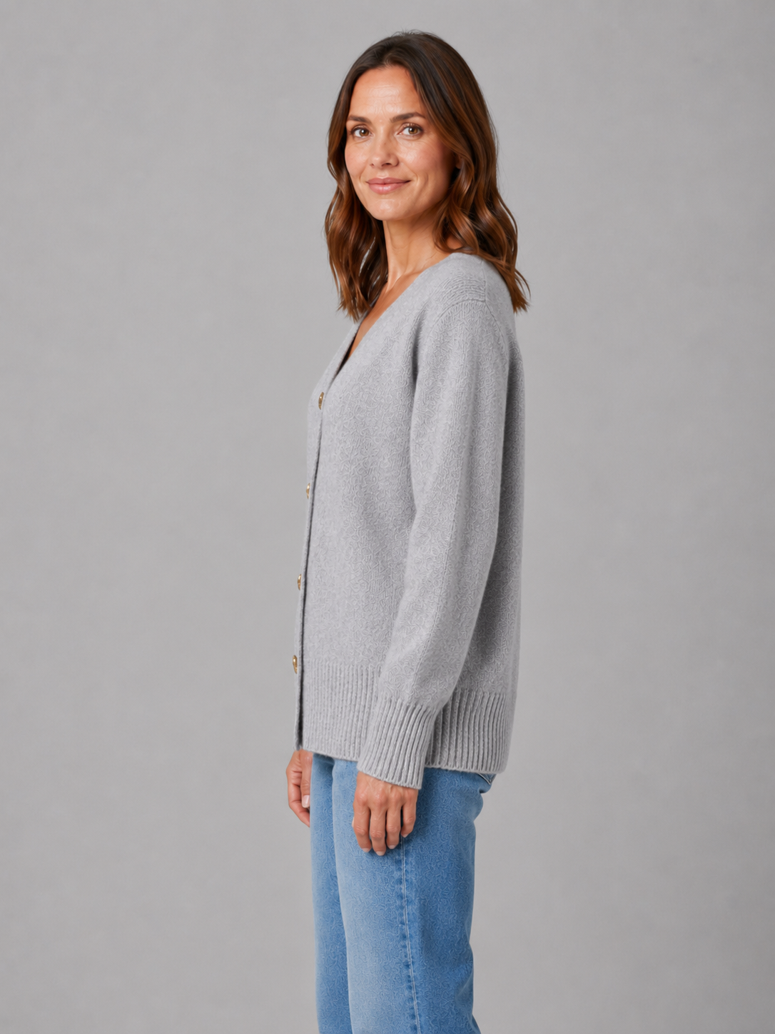 WALDA | HEART BUTTON V-NECK KNIT CARDIGAN - Gray