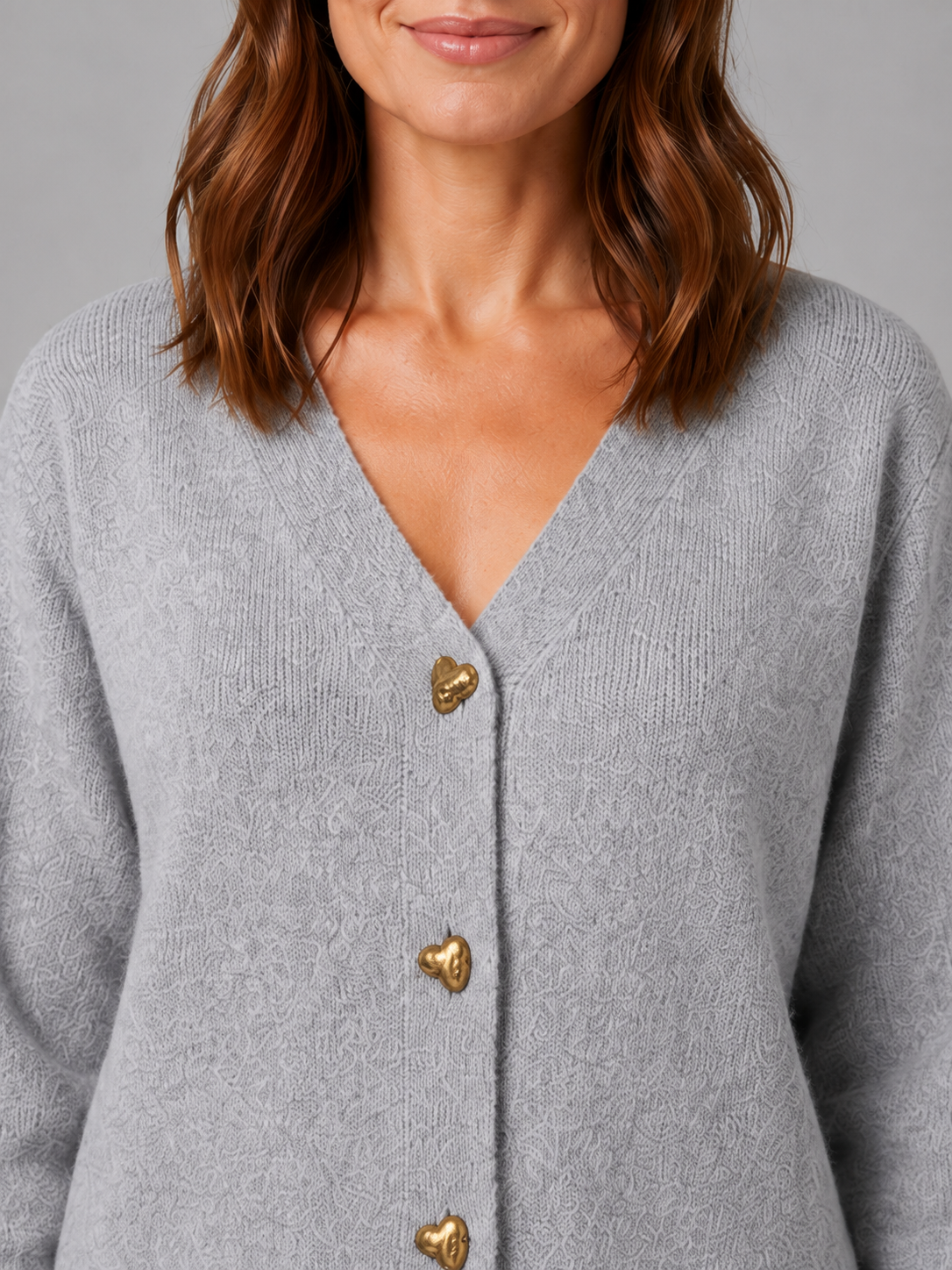 WALDA | HEART BUTTON V-NECK KNIT CARDIGAN - Gray